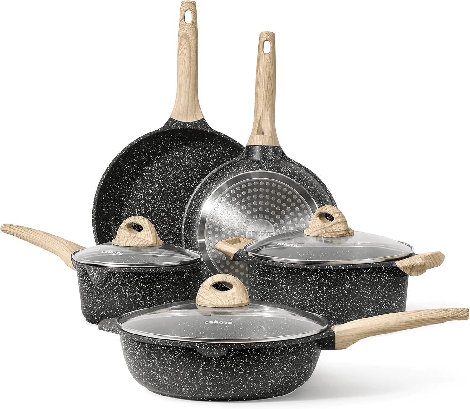 CAROTE Pots and Pans Set, Nonstick Cookware Set Non Stick Frying Pan Set, Granite Cookware Sets 8 Pcs,Pots and Pans Set (Granite, induction cookware)