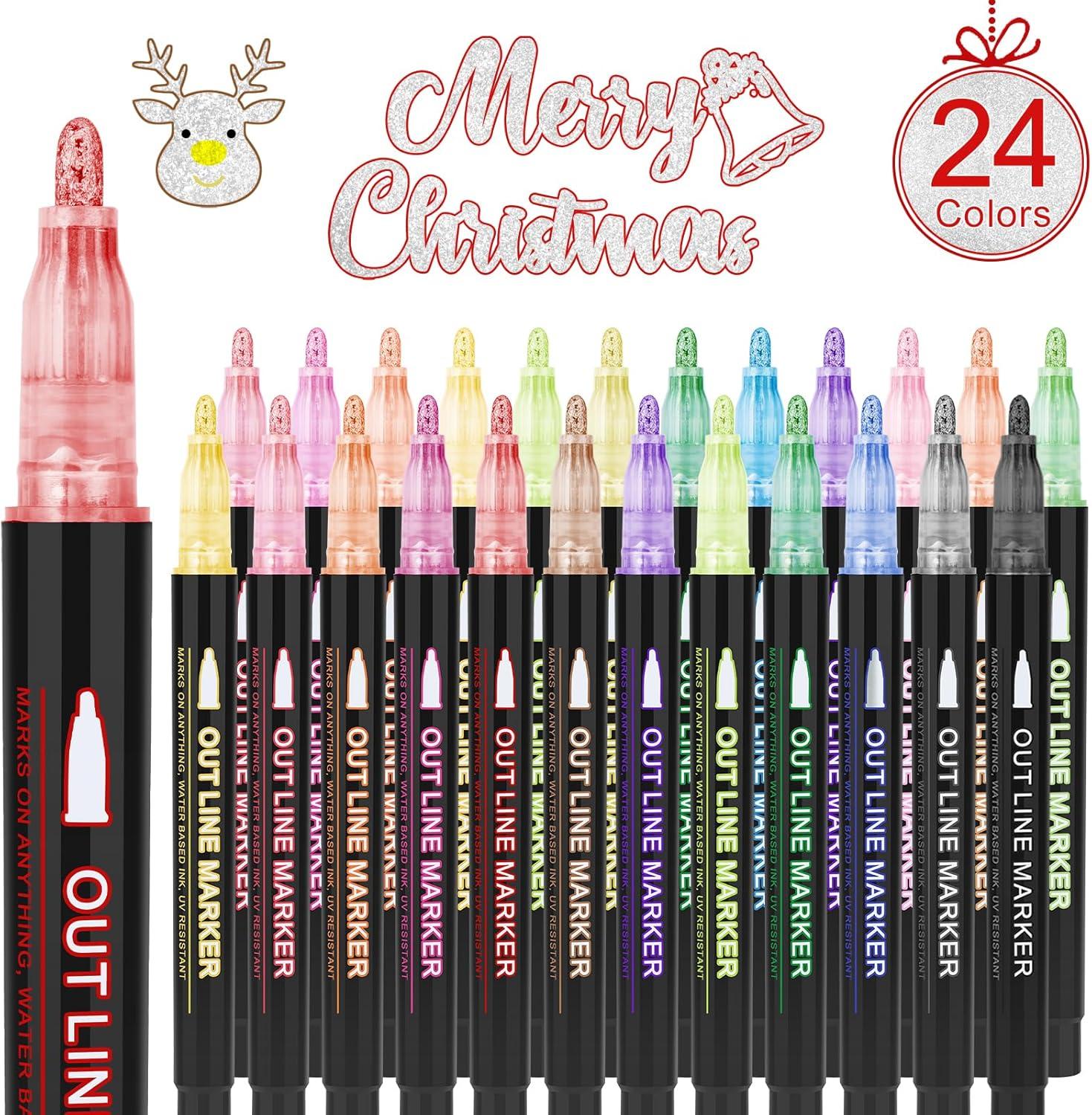 24 Pack Double Line Outline Markers, Squiggles Shimmer Markers Set, Self Outline Metallic Glitter Marker Pens for Christmas,Art, Drawing, Writing, Greeting Cards, DIY, Scrapbook, Easter Eggs