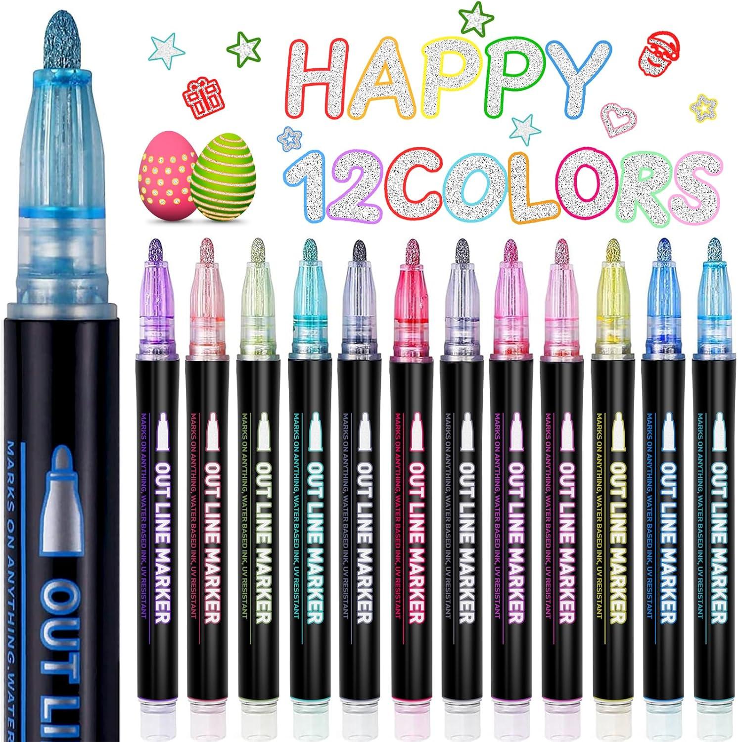 Gifts for Teen Girls Gifts Trendy Stuff, Stocking Stuffers for Kids, Art Crafts Gifts for 4-13 Year Old Girl, 12 Colors Shimmer Markers Metallic Outline Pens for Drawing, Art School Supplies for Kids