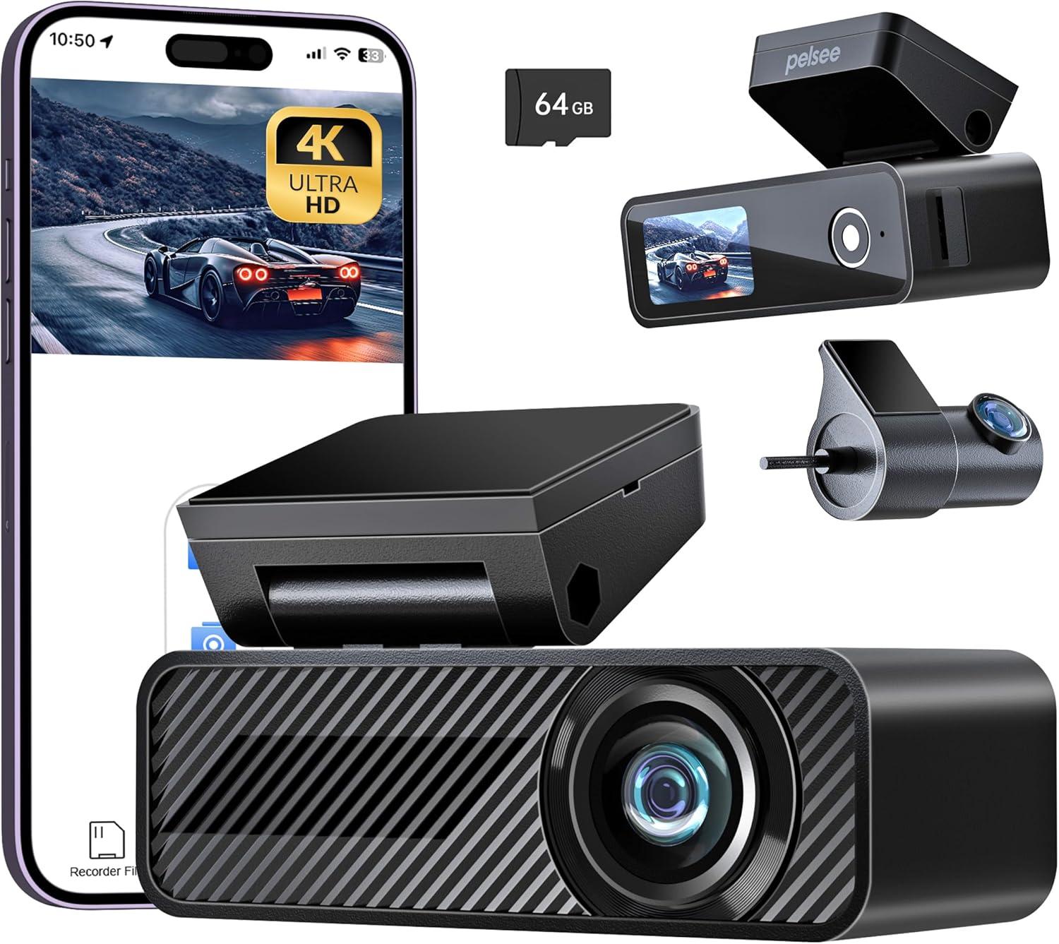 P1 Duo 4K Dash Cam Front and Rear, 64GB SD Card, 4K+1080P Dual Dash Camera for Cars, Wi-Fi & App Control, 1.5’’IPS Display Car Camera, Voice Control, Night Vision, 24H Parking Mode, G-Sensor