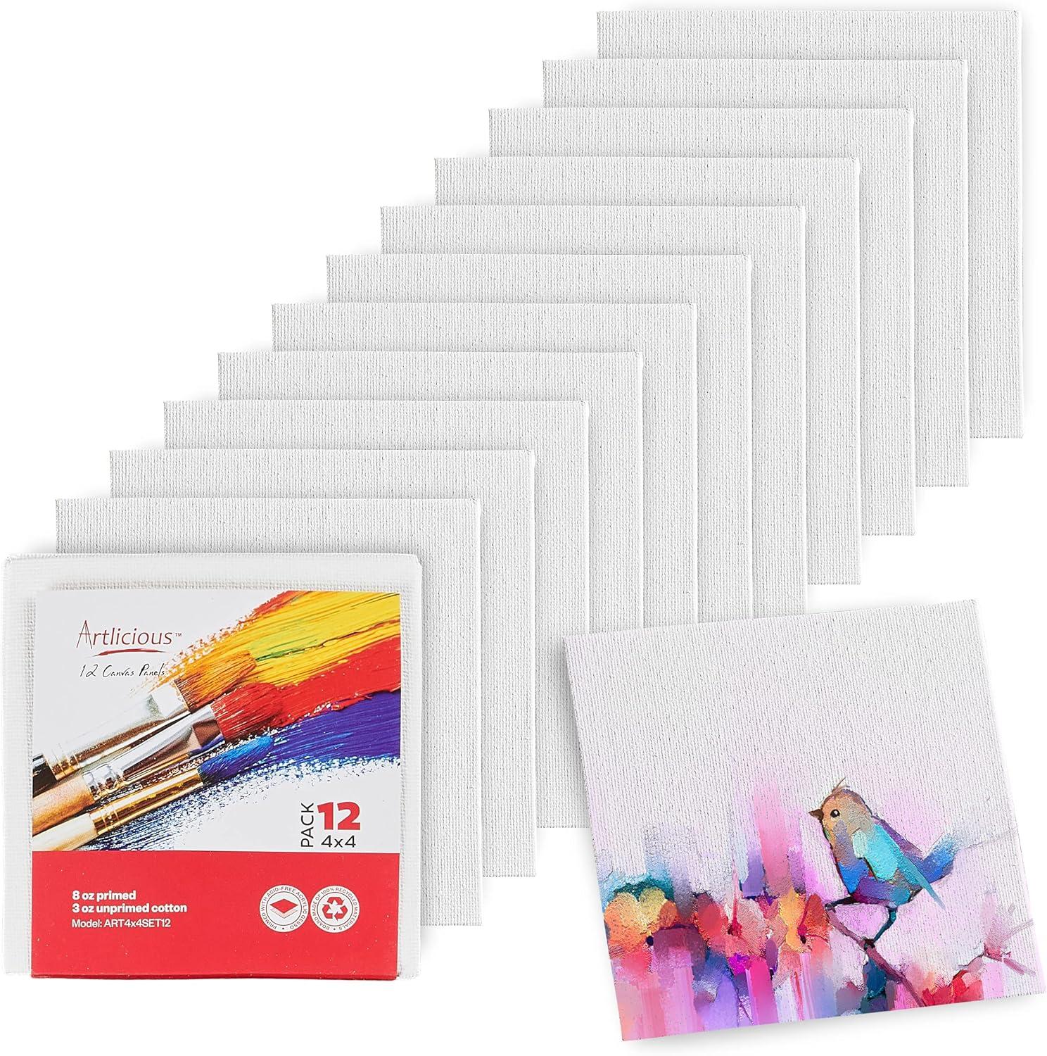 Artlicious Canvases for Painting - Pack of 12, 4 x 4 Inch Blank White Canvas Boards - 100% Cotton Art Panels for Oil, Acrylic & Watercolor Paint