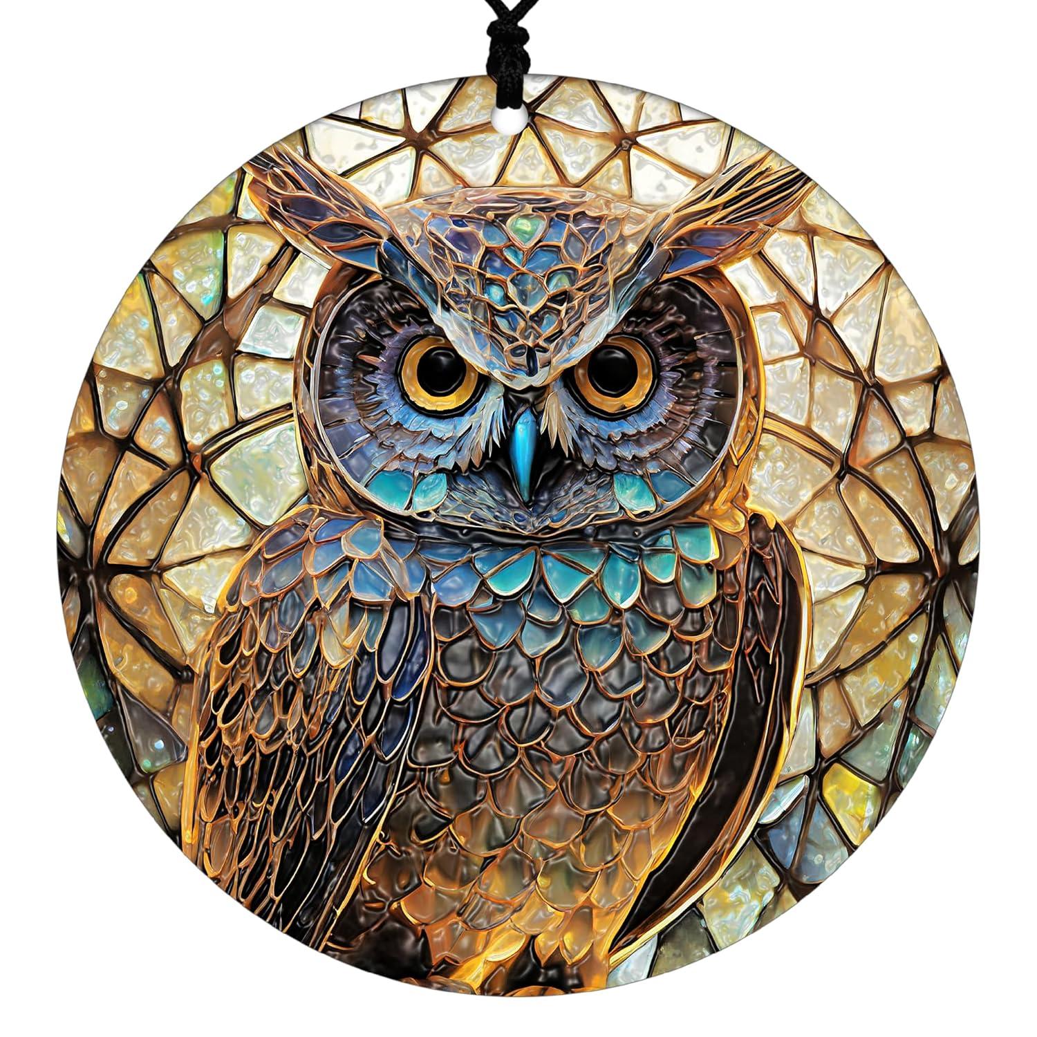 Owl Christmas Ornament - Faux Stained Glass Embossed Design Effect - 2024 Acrylic Disc Decoration For Tree - Unique Bird Gifts and Home Decor